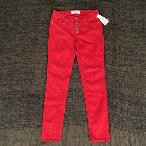 Free People Reagan Skinny Raw Hem Jeans RED - Picture 4 of 9